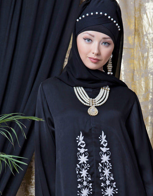 Dubai Front Embroidered Zip At Neck Nida Abaya White